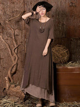Ramie Cotton Double-deck 3/4 Sleeves Maxi Dress